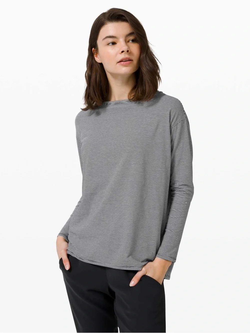 Lululemon Athletica Black/White Stripes Back In Action Pima Cotton Long Sleeve